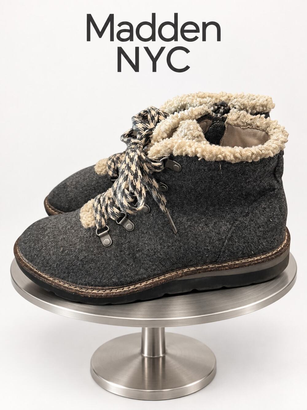 Madden NYC Hiker Wedge Sherpa Lace-Up Boots Gray Black Women’s 11